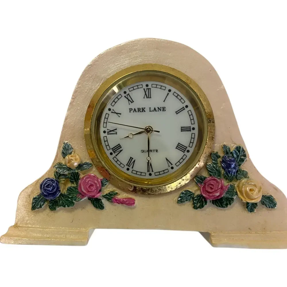 Park Lane Quartz Miniature Desk Clock Gold Tone Bezel Floral Roman Numerals